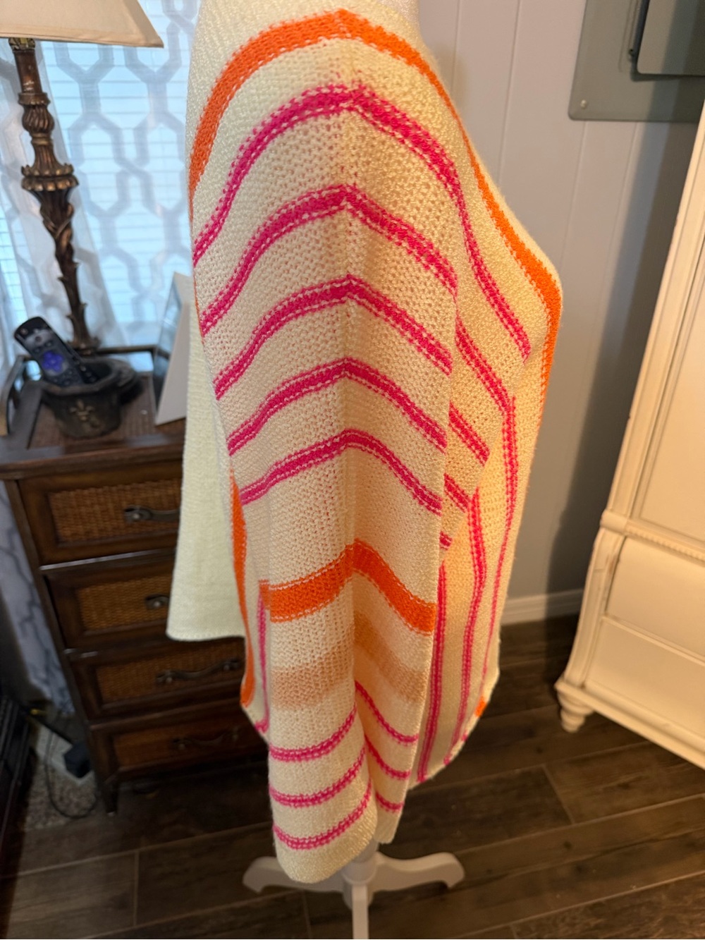 Light Cream Boatneck Sweater with Pink and Orange Stripe Accents - Picture 3 of 4